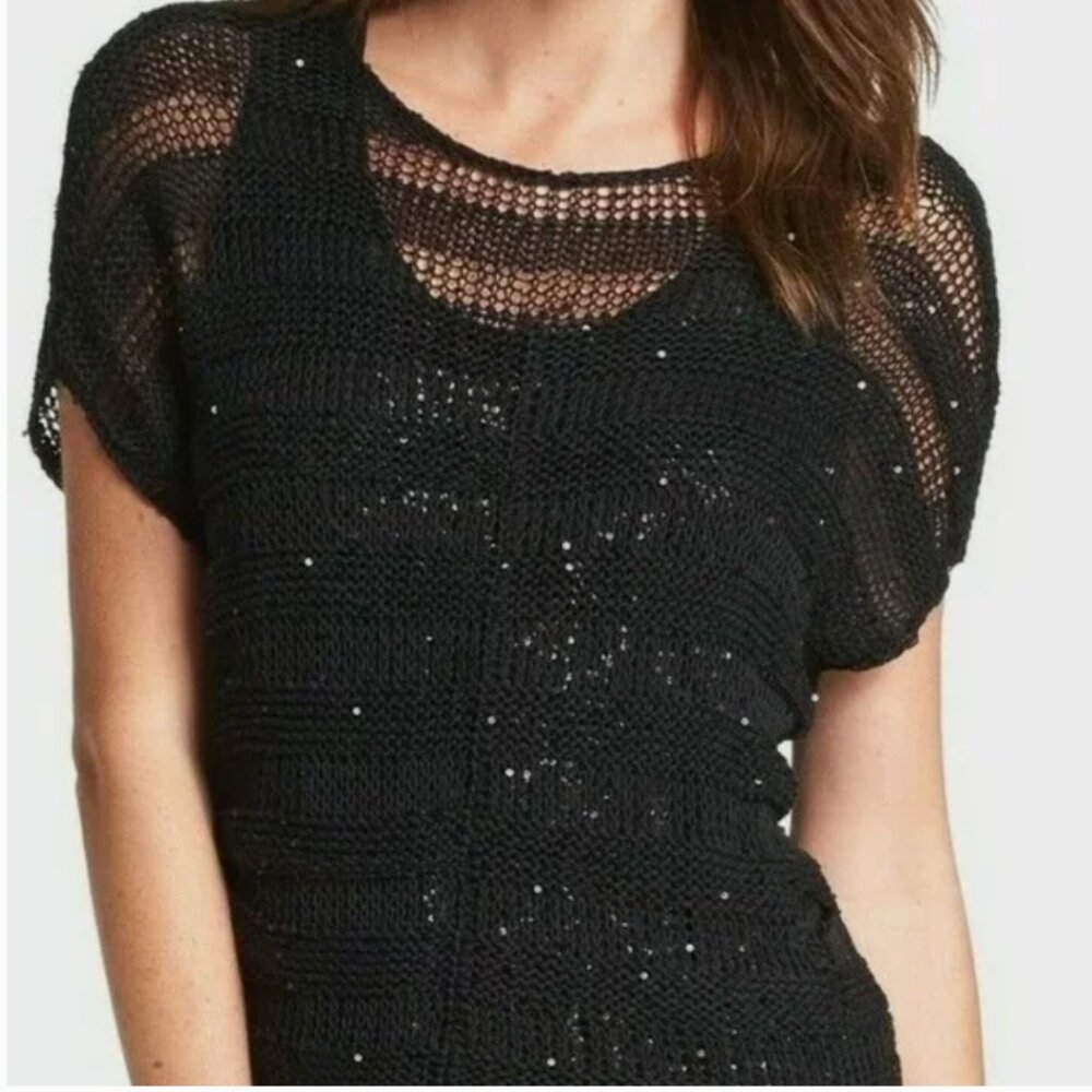 Eileen Fisher Sequin Chainmail Knit Top - Black, XS
